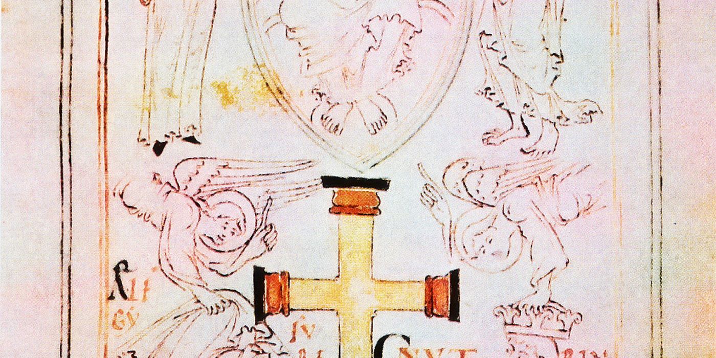 King Cnut and Queen Emma present a cross to the New Minster, Winchester (Liber Vitae, 1031)